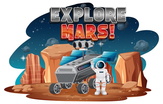 Explore el diseño del logotipo de la palabra Mars con astronauta y estación espacial