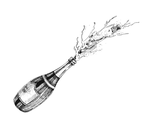 Explosión de botella de champán para cartel de celebración Ilustración de vector de boceto dibujado a mano