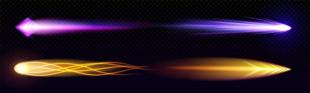 Explosión de cometa y rastro de motor de cohete o misil Lanzamiento de nave espacial Efecto de humo y luz Juego Ui vfx 3d bola de fuego de velocidad de neón o meteorito volando en el aire Vector de línea aislada de combustión de vuelo de arma