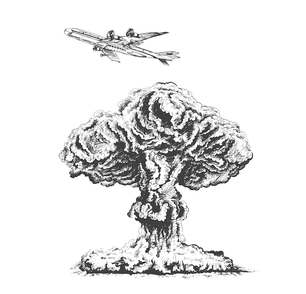 Explosión nuclear aumentando la bola de fuego de la nube atómica en forma de hongo en la prueba de armas del desierto