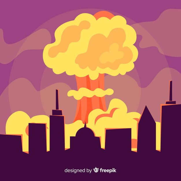 Explosión nuclear en una ciudad estilo dibujos animados