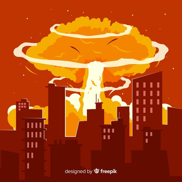 Explosión nuclear en una ciudad estilo dibujos animados