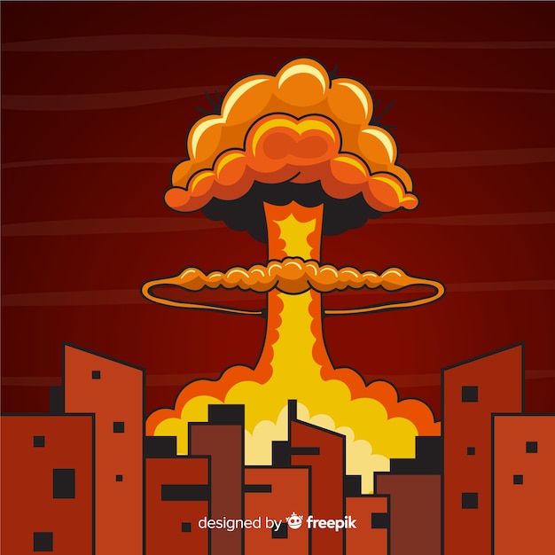Explosión nuclear en una ciudad estilo dibujos animados