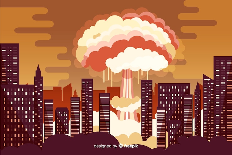 Vector gratuito explosión nuclear en una ciudad estilo dibujos animados