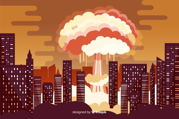 Explosión nuclear en una ciudad estilo dibujos animados