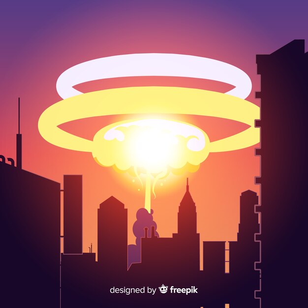 Explosión nuclear en una ciudad estilo dibujos animados