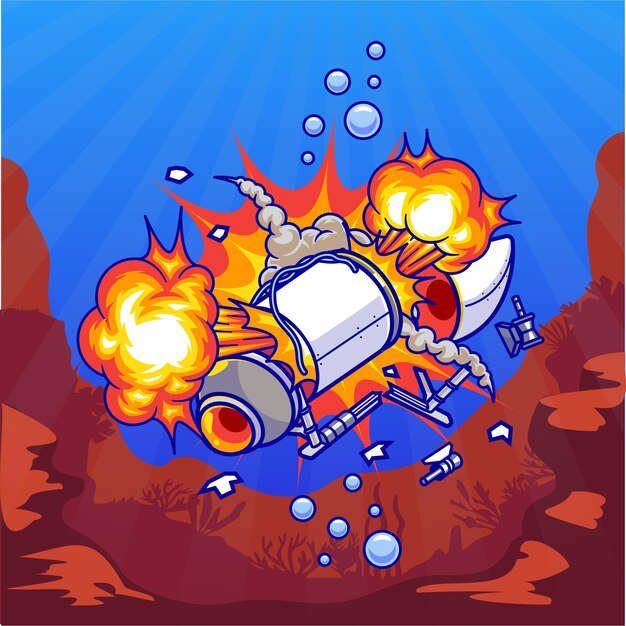 Explosión submarina en dibujos animados submarinos Vector icono ilustración Tecnología de transporte aislada
