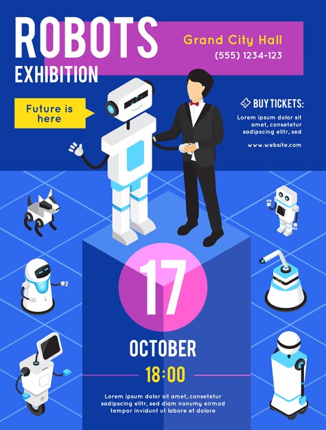 Exposición de robots con cartel publicitario isométrico.