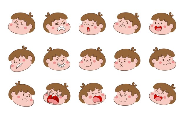 Expresión de conjunto de conceptos de emoción. Cara de emoción de ilustración de dibujos animados del ser humano.