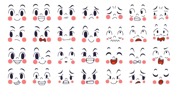Expresión de conjunto de conceptos de emoción. cara de emoción de ilustración de dibujos animados del ser humano.