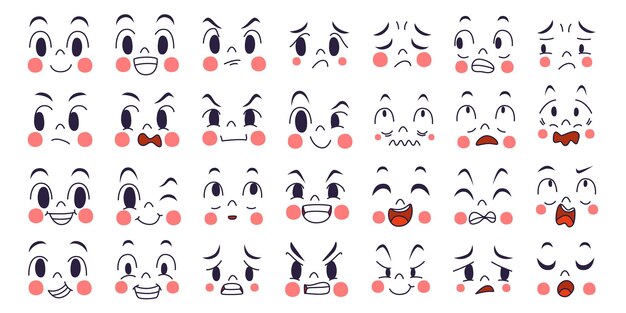Expresión de conjunto de conceptos de emoción. Cara de emoción de ilustración de dibujos animados del ser humano.