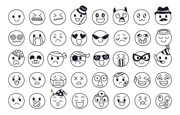 Expresión de conjunto de conceptos de emoción. Cara de personaje emoji en diferentes emociones.