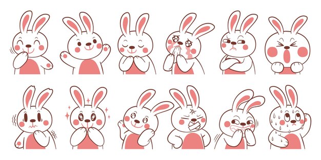 Expresión de conjunto de conceptos de emoción. Carácter de conejo en diferentes emociones animales.