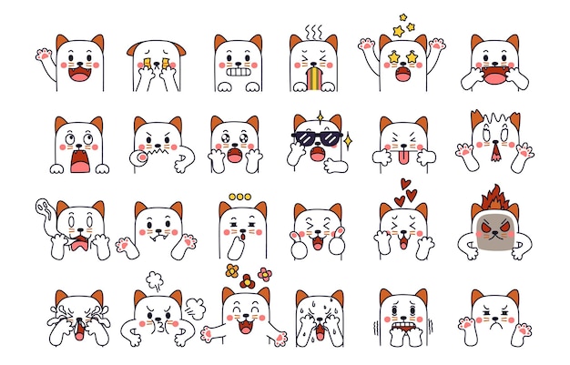 Expresión de conjunto de conceptos de emoción. Carácter de gato en diferentes emociones animales.