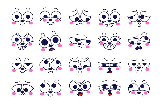 Expresión de conjunto de conceptos de emoción. Rostro de personaje en diferentes emociones.