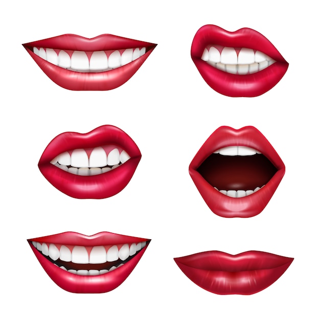 Expresiones de boca labios lenguaje corporal emociones conjunto realista con rojo brillante dibujo atención lápiz labial aislado