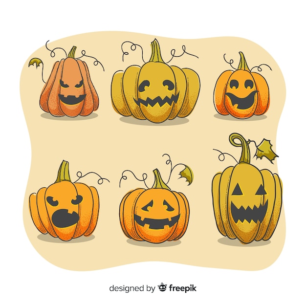 Vector gratuito expresiones faciales en la colección de calabaza de halloween