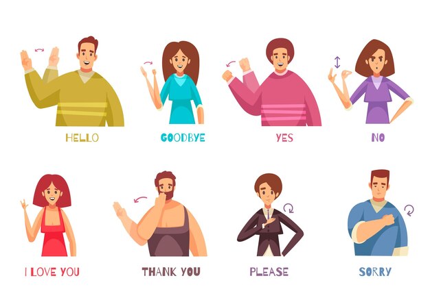 Expresiones de lenguaje de señas con personas hablando ilustración plana