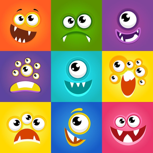 Expresiones de monstruos. Vector de caras divertidas de dibujos animados monstruo. Ilustración plana de monstruo de emoción