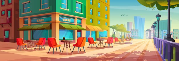 Exterior calle de la ciudad café de verano exterior de dibujos animados ilustración vectorial Exterior terraza del restaurante con mesa hamaca silla cerca del parque urbano cafetería pública en el edificio de la ciudad con paisaje urbano