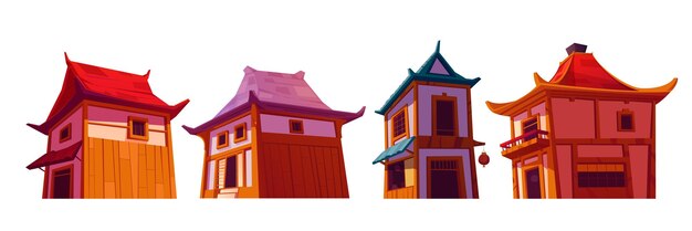 Exterior de casas chinas en conjunto de ilustración de vector de dibujos animados Varias casas orientales tradicionales para paisajes de ciudad o pueblo Edificios antiguos de Chinatown con techos típicos Arquitectura asiática