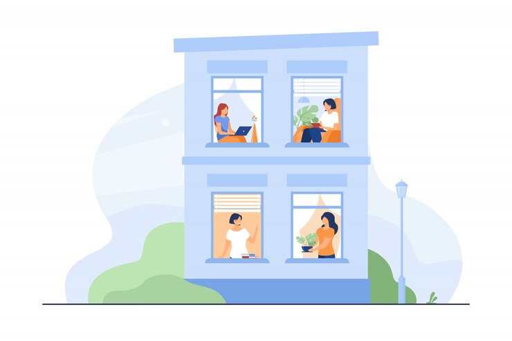 Vector gratuito exterior del edificio con ventanas abiertas y gente.
