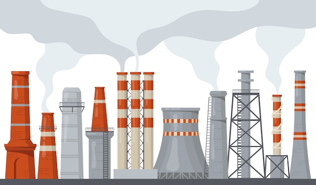 Fábrica de tubos y pilas con conjunto de ilustración plana de energía de energía tóxica. contaminación de chimeneas industriales de dibujos animados con colección de ilustraciones vectoriales aisladas de humo o vapor. concepto de medio ambiente y ecología