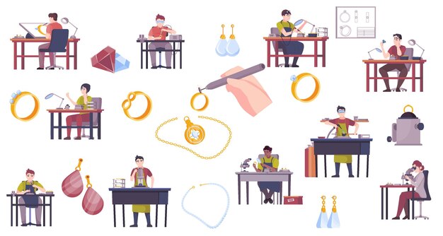 Fabricación de joyas conjunto plano de maestros de trabajo usando lupa microscopio soldador aislado vector ilustración