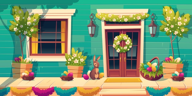 Fachada de la casa con decoración de pascua en la puerta y porche de madera