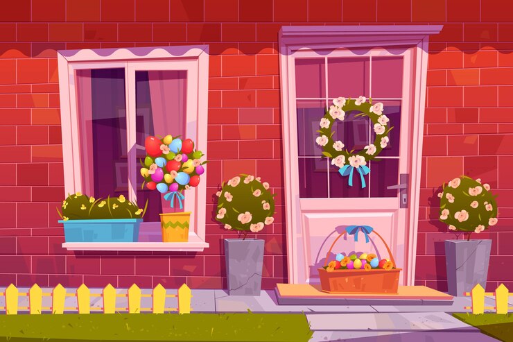 Vector gratuito fachada de la casa rural decorada para las vacaciones de pascua con huevos en canasta y corona de flores o ramo