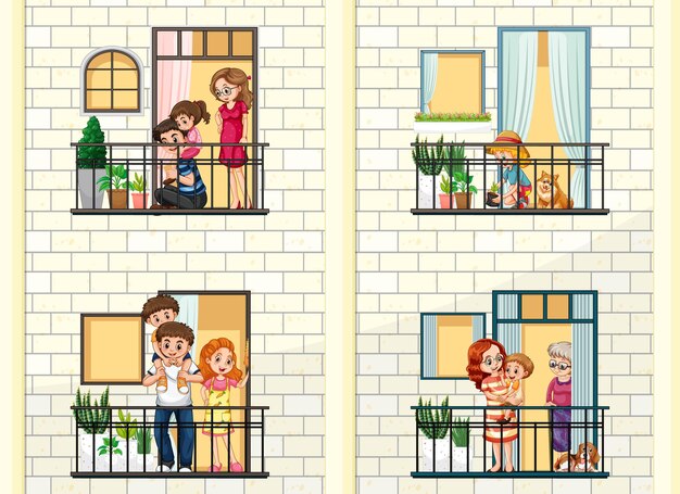 Fachada de edificio con gente en las ventanas.
