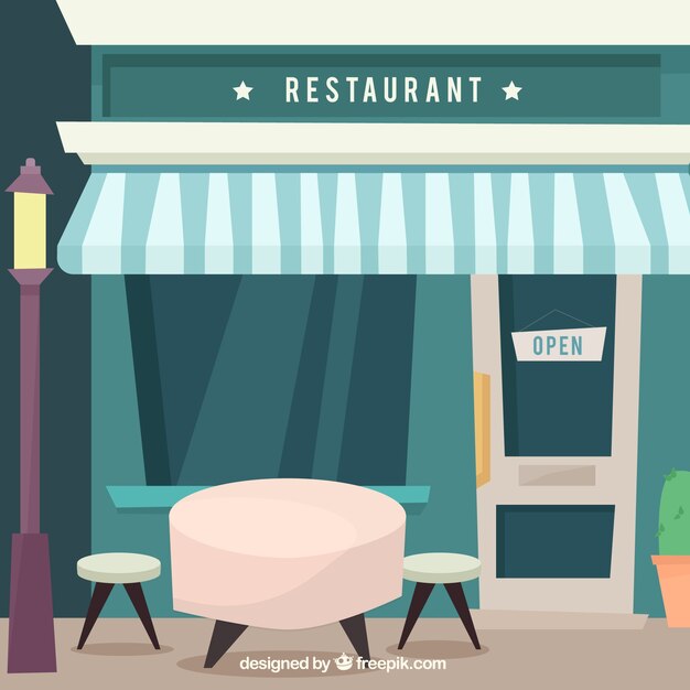 Fachada de restaurante con mesa en diseño plano 