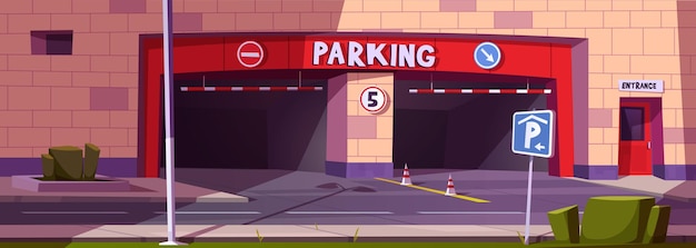 Fachada subterránea del centro comercial de entrada de estacionamiento de barrera