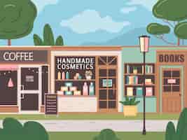 Vector gratuito fachadas de pequeñas empresas en estilo plano con cosméticos hechos a mano de café y librerías ilustración vectorial