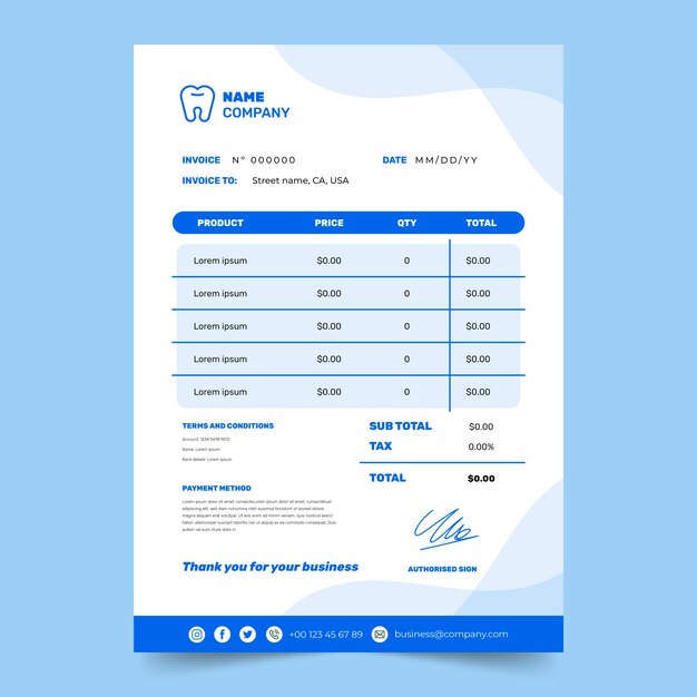 Factura de clínica dental mínima de diseño plano