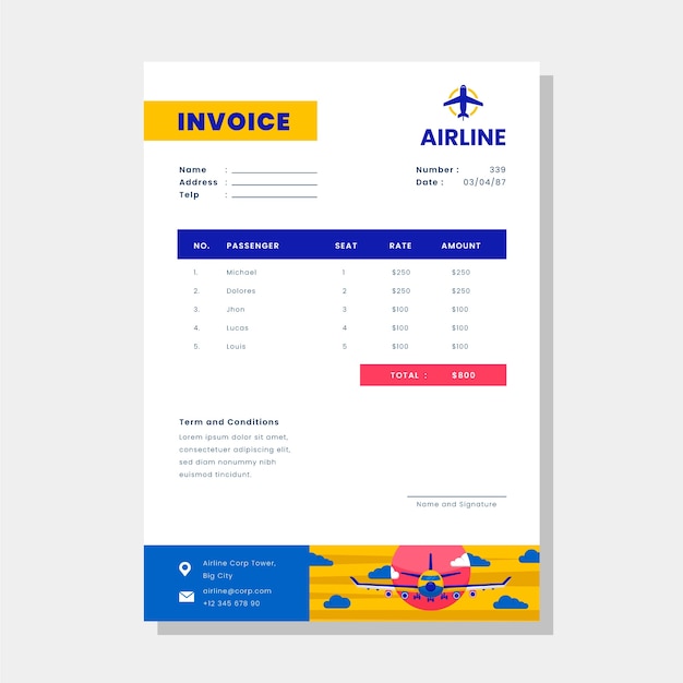 Vector gratuito factura de la compañía aérea de diseño plano