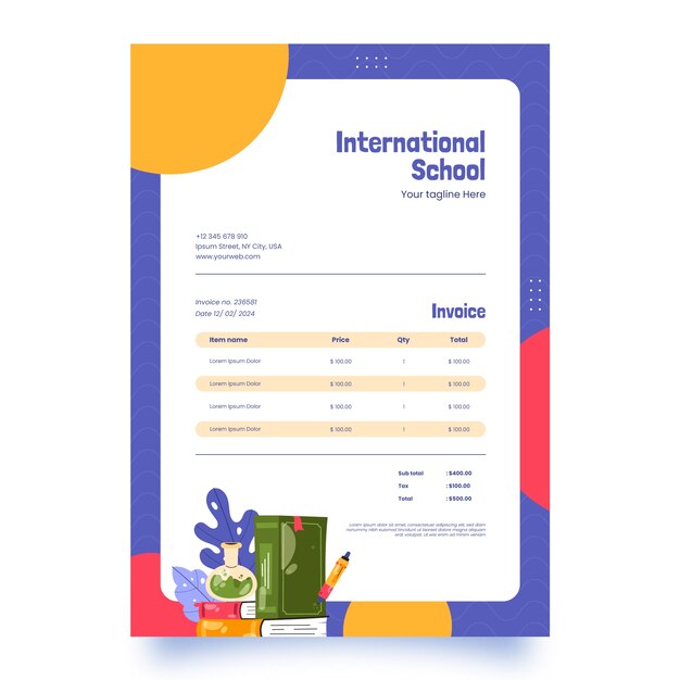 Factura escolar internacional de diseño plano
