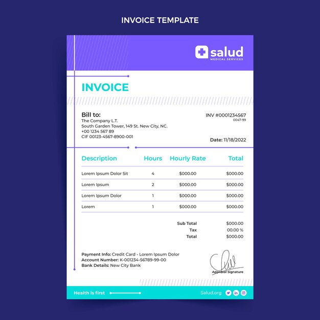 Factura médica de diseño plano