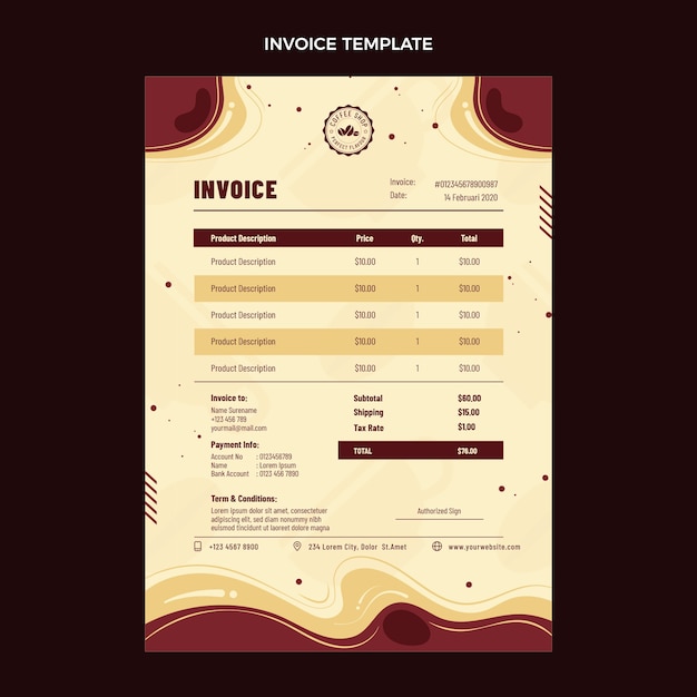 Factura mínima de cafetería de diseño plano.