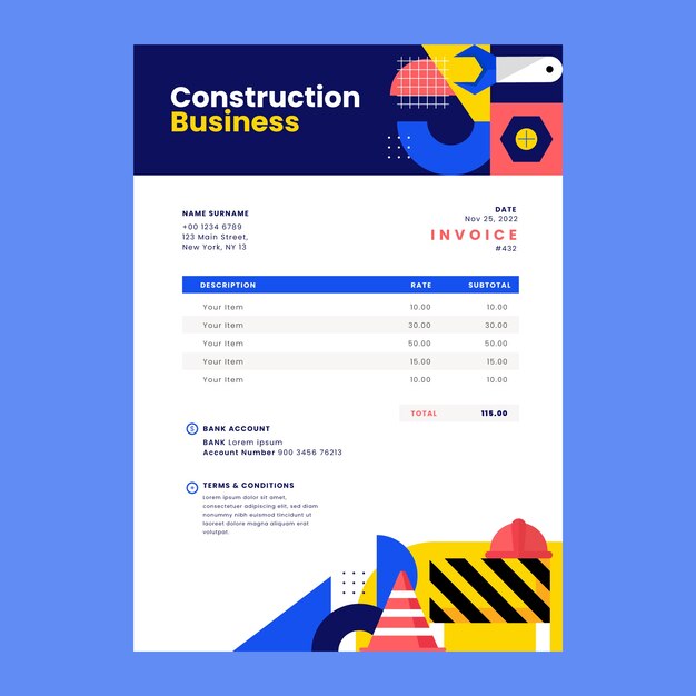 Factura de proyecto de construcción de diseño plano