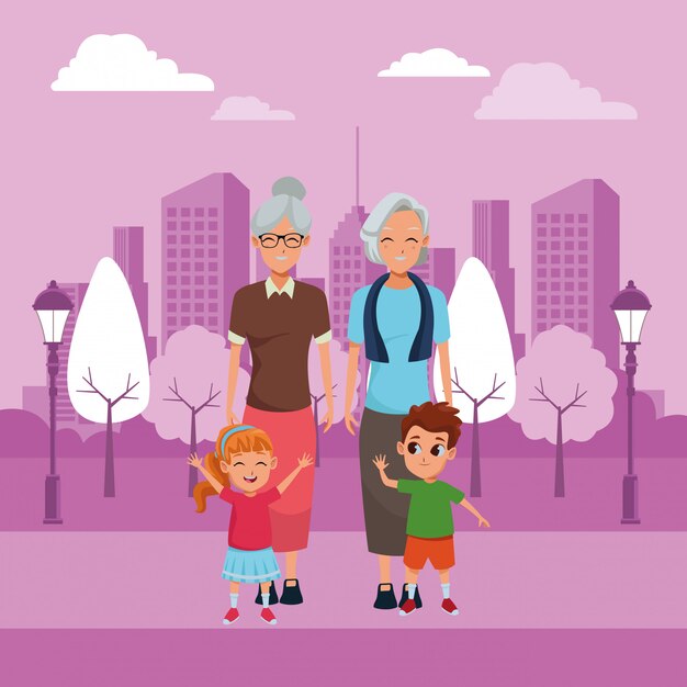Familia abuelos y nietos dibujos animados.