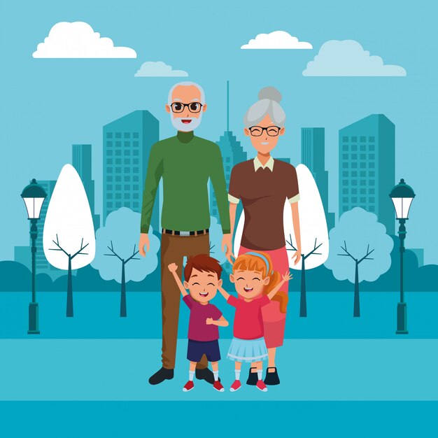 Familia abuelos y nietos dibujos animados.