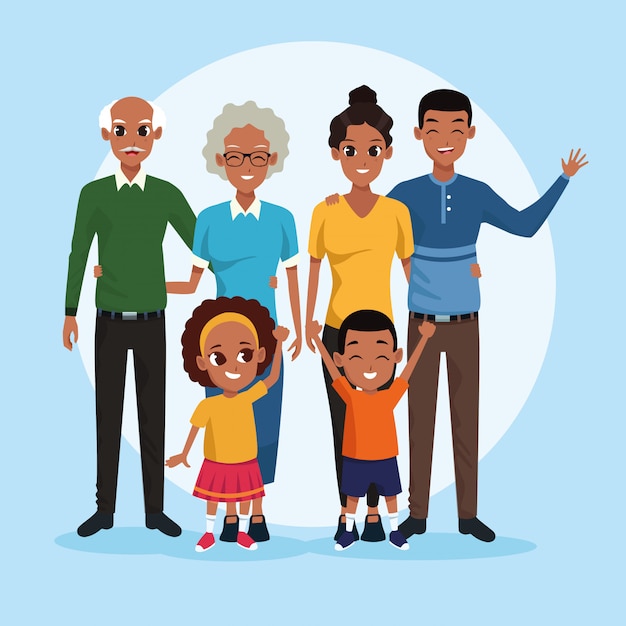 Familia abuelos, padres y niños dibujos animados.