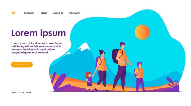 Familia activa feliz caminando al aire libre. Pareja de turistas con niños caminando, llevando mochilas de camping. Ilustración de vector de vacaciones, senderismo de montaña, actividad, concepto de estilo de vida