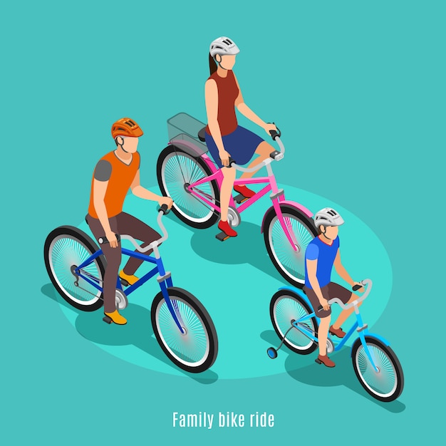 Familia activa isométrica con padre hijo e hija montando bicicleta en cascos ilustración vectorial