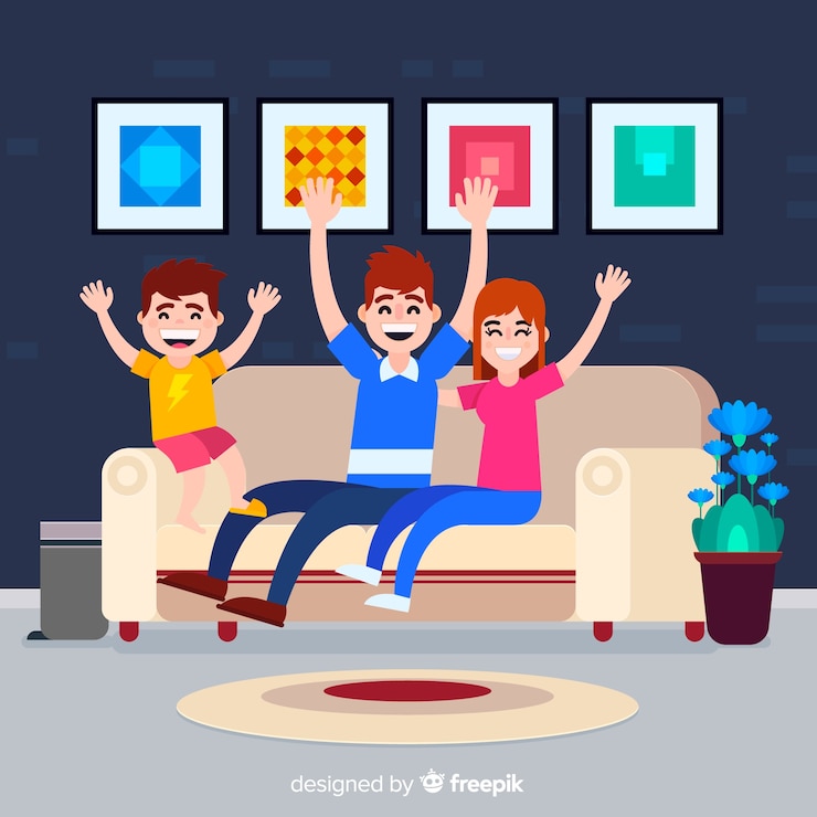 Vector gratuito familia adorable en casa con diseño plano