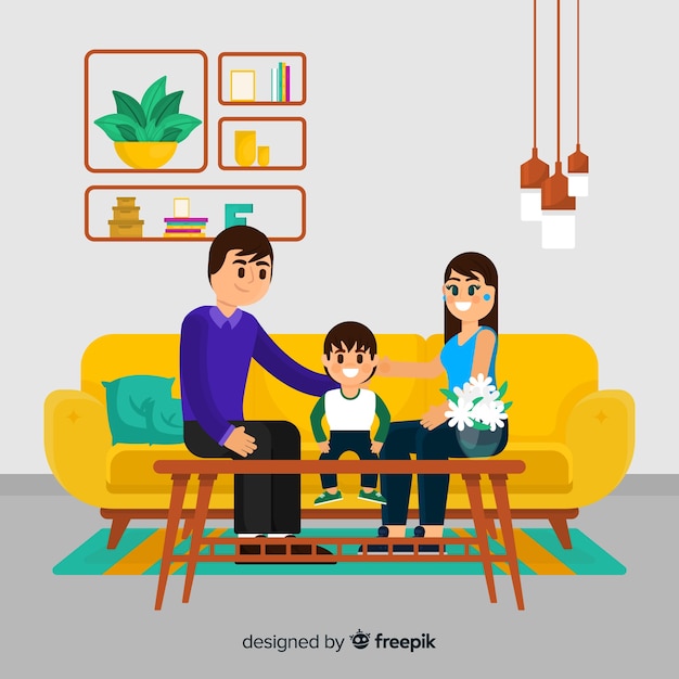 Vector gratuito familia adorable en casa con diseño plano