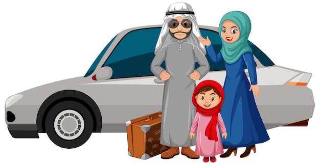 Familia árabe de vacaciones con coche.