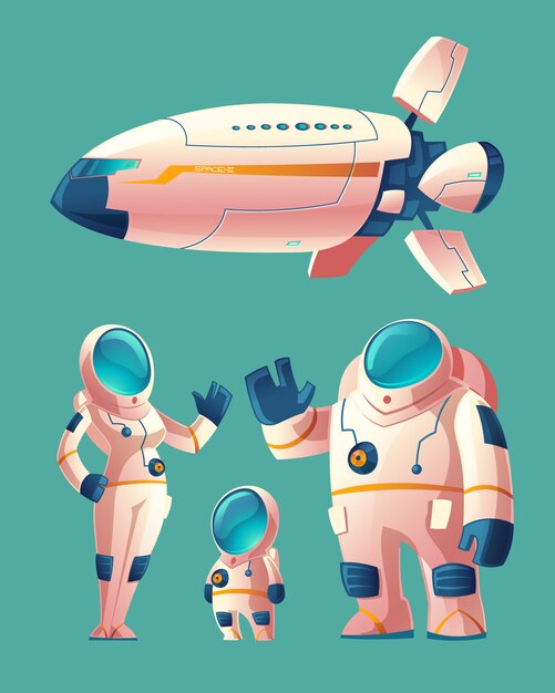 familia de astronauta, personas en traje espacial - mujer, hombre, niño con nave espacial, lanzadera
