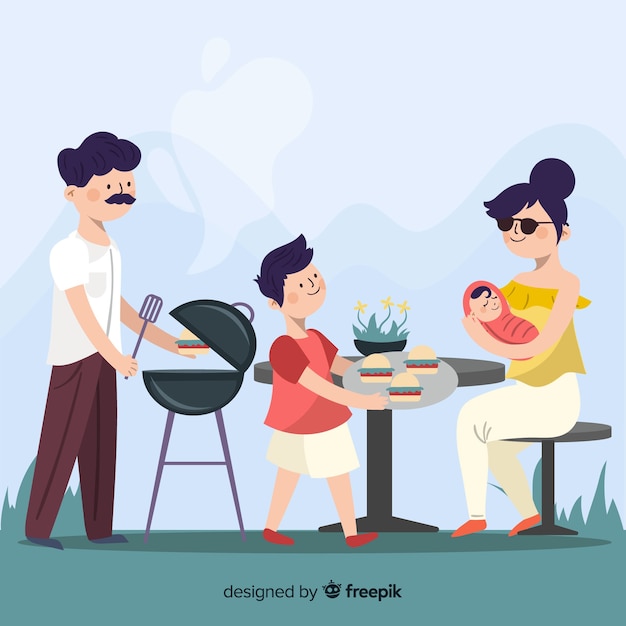 Vector gratuito familia en una barbacoa dibujada a mano